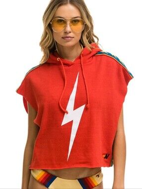 BOLT STRIPE SLEEVELESS RELAXED CROPPED PULLOVER HOODIE Beach Summer Cute Comfy